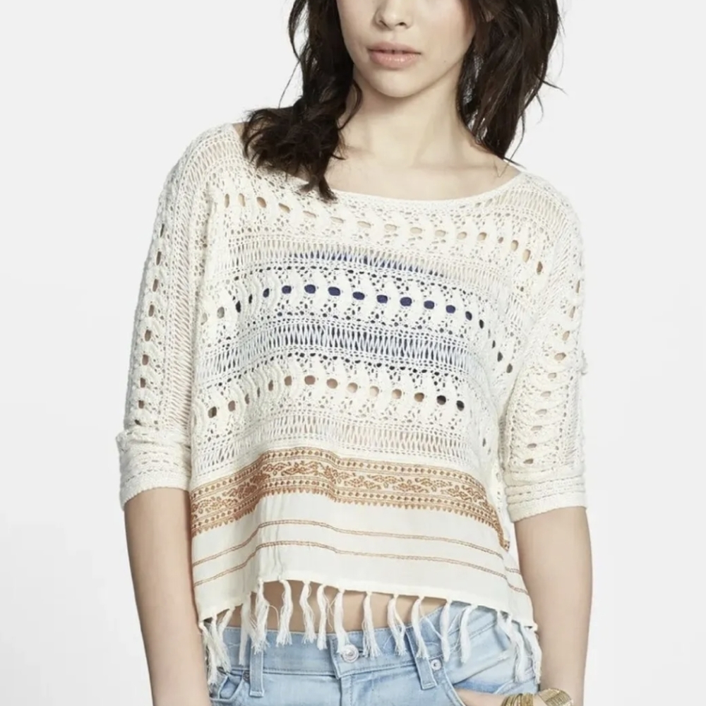 Free People Fringe Crochet White Boho Sweater Size XS Small, Pre-owned Condition